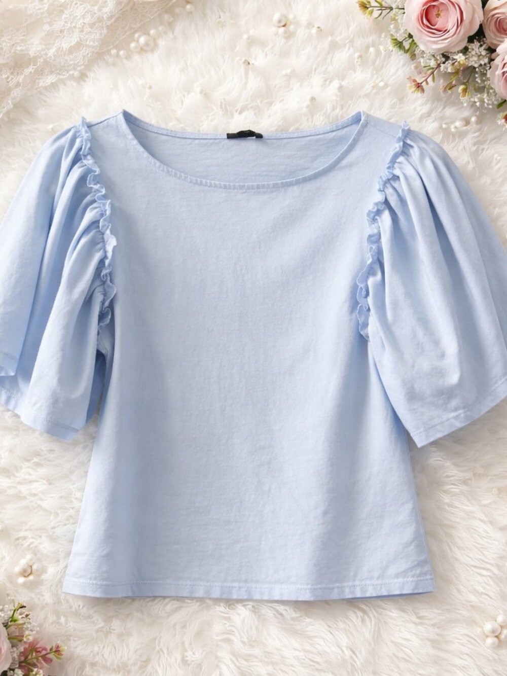 Ann Taylor Factory Light Blue Ruffle Sleeve Cotton Top XS
